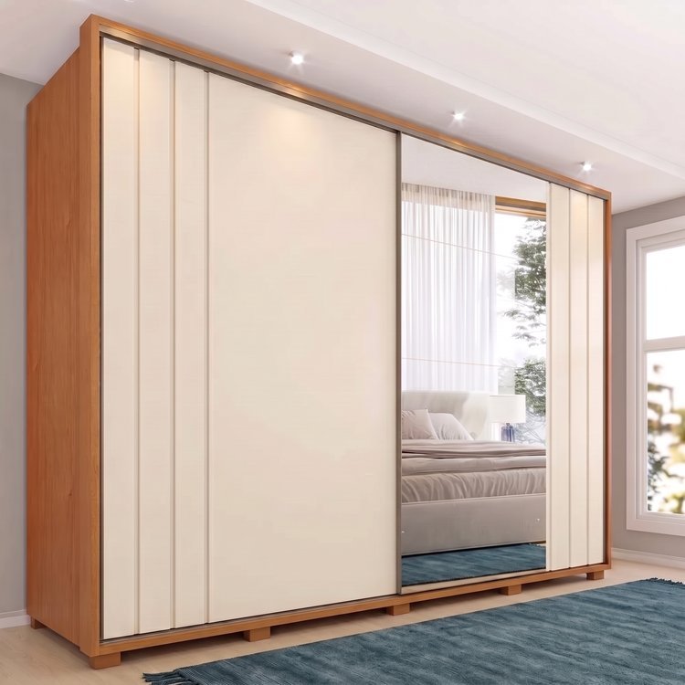 Guarda-Roupa Casal Dali com Espelho 2 Portas de Correr 8 Gavetas 100% MDF Cinamomo e Branco Cinamomo/Off White