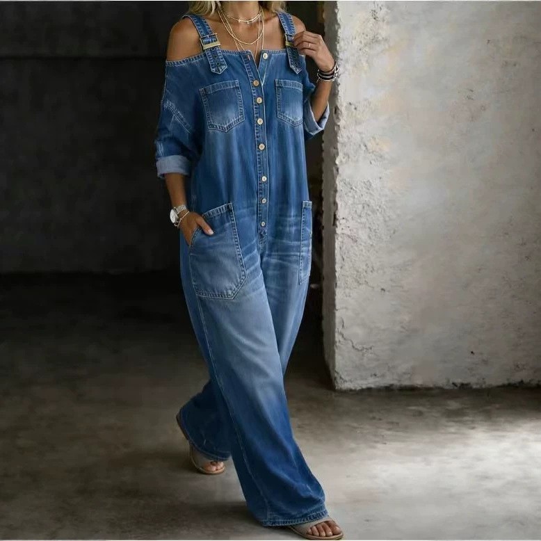 Nova moda europeia americana Sexy sem alças alça bolso Denim macacão perna larga