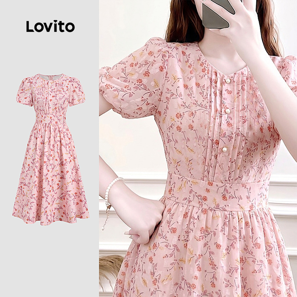 (New Arrival) Lovito Vestido Boho Botão Zíper Rosa Primavera/verão para Mulheres