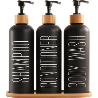 Dispensador de Shampoo e Condicionador Prus Waso com Bombas de Bambu e Bandeja, Perfeito para Itens Essenciais de Banhei
