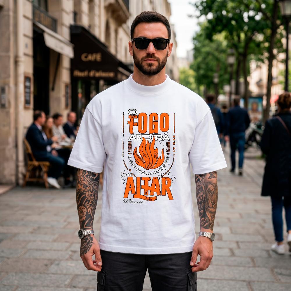 Camiseta Oversized Suedine Masculina Estampada O Fogo Arderá Streetwear Cristã