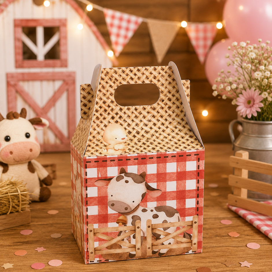 Kit 10/20/30 Maletas Fazendinha Vermelha - Caixinhas Lembrancinha Aniversário Infantil (Pegue e Monte)