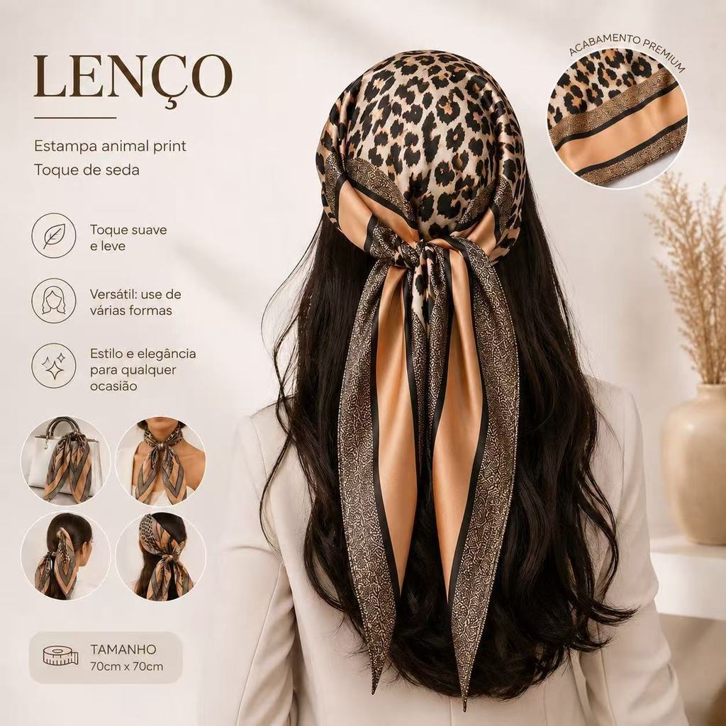 Lenço Cetim Grande Animal Print / Onça - Moda Feminina Bandana90X90