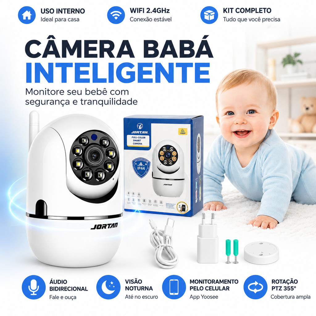 Câmera de monitoramento sem fio Yoosee Smart com áudio bidirecional, visão de 360 ​​graus e alta definição para bebês.