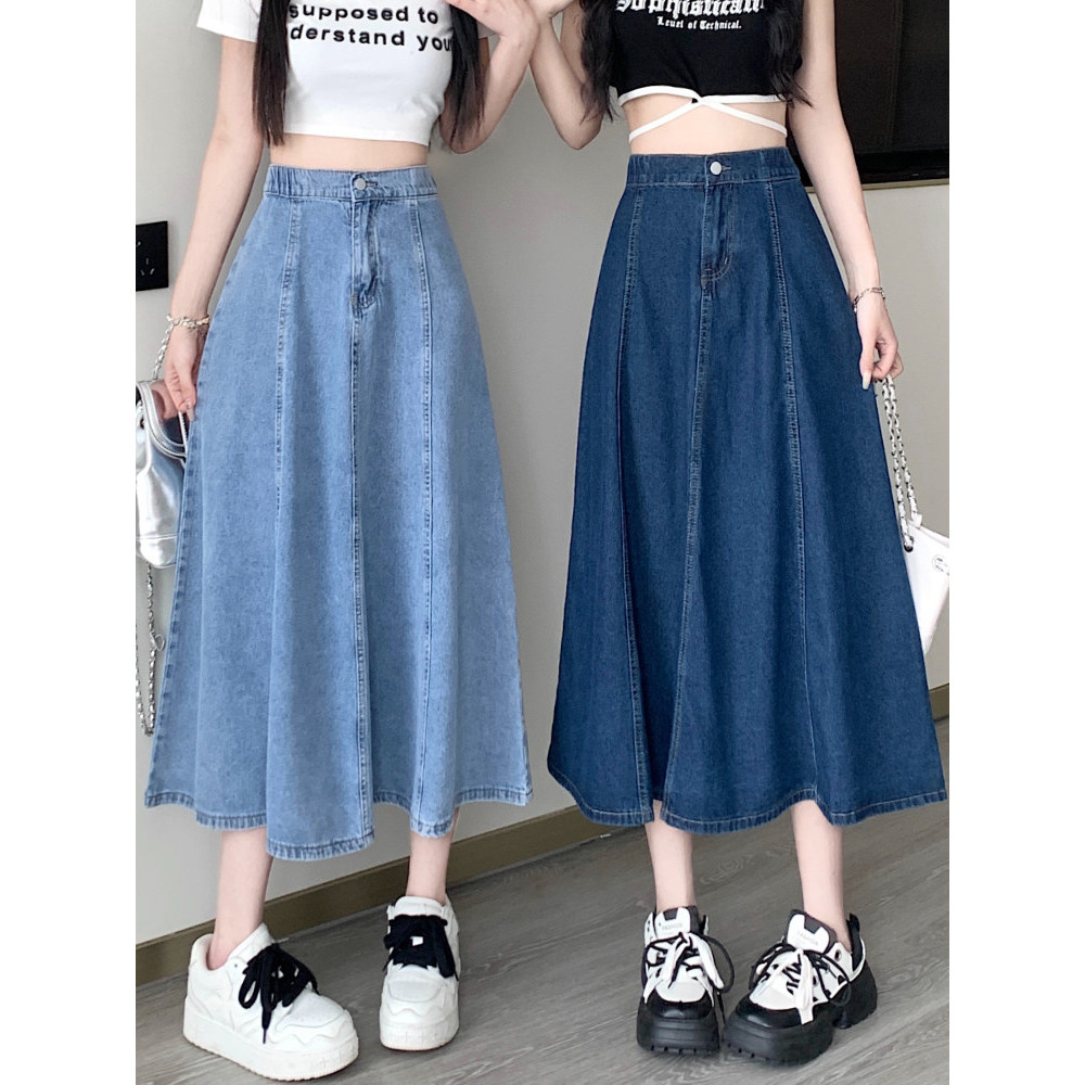 Saia jeans meio comprimento saia feminina verão guarda-chuva saia 2026 novo estilo saia linha A comprimento médio alto @