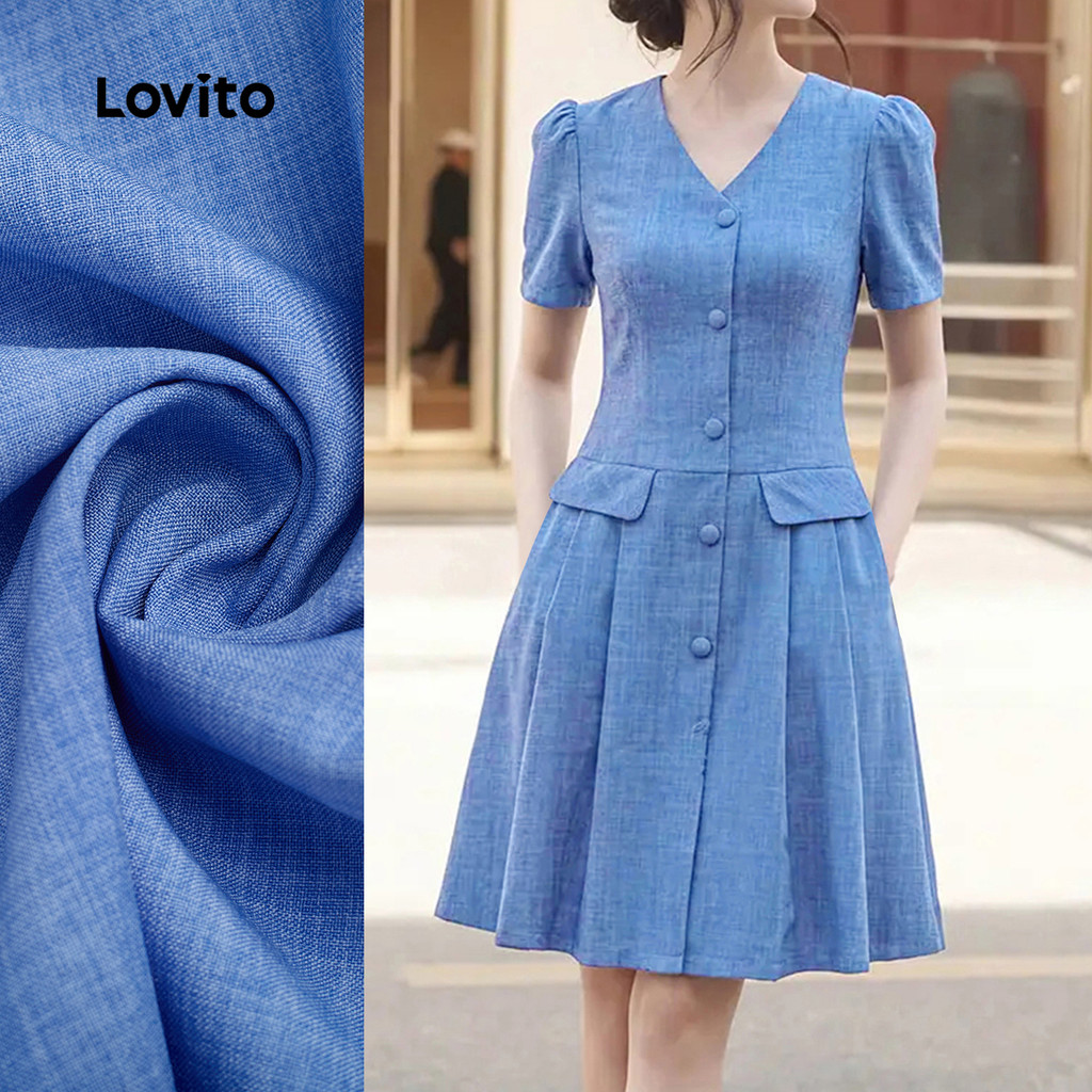 (New Arrival) Lovito Vestido Azul de Verão com Botão de Mentira e Pregas para mu