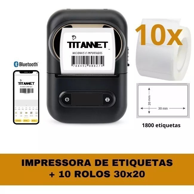 Impressora Térmica Bluetooth + 10 Rolos de Etiquetas Adesivas 30x20