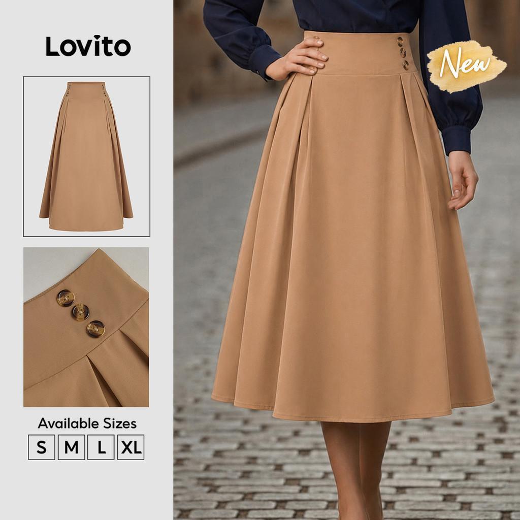 (New Arrival) Lovito Saias Elegantes para Commute Saias Cáqui com Botão Duplo Pr