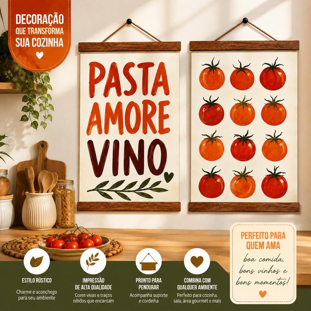 Quadros Decorativos Pasta Amore Vino  Kit 2 Peças Poster De Ambiente Sala Área Lazer Frases