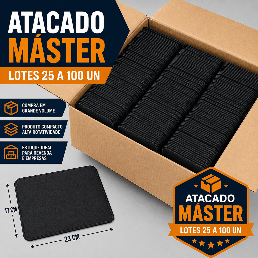 Kit Atacado Master Mousepad Compacto Slim 23x17 Base Antiderrapante Lote 25 50 75 e 100 Un Para Empresas Escritorio