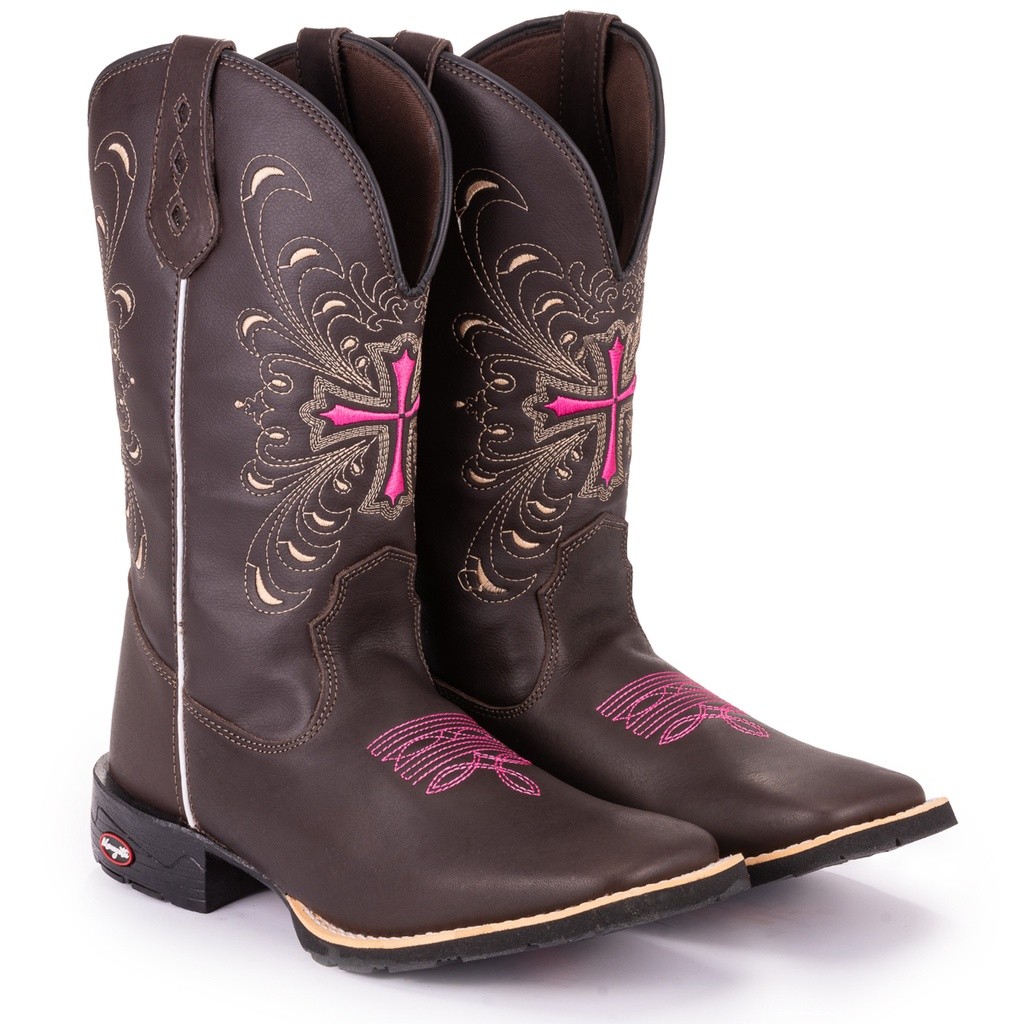 Bota Texana Feminina Country Bico QuadradO Cruz Rosa Moda Barretos