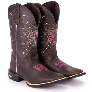Bota Texana Feminina Country Bico QuadradO Cruz Rosa Moda Barretos