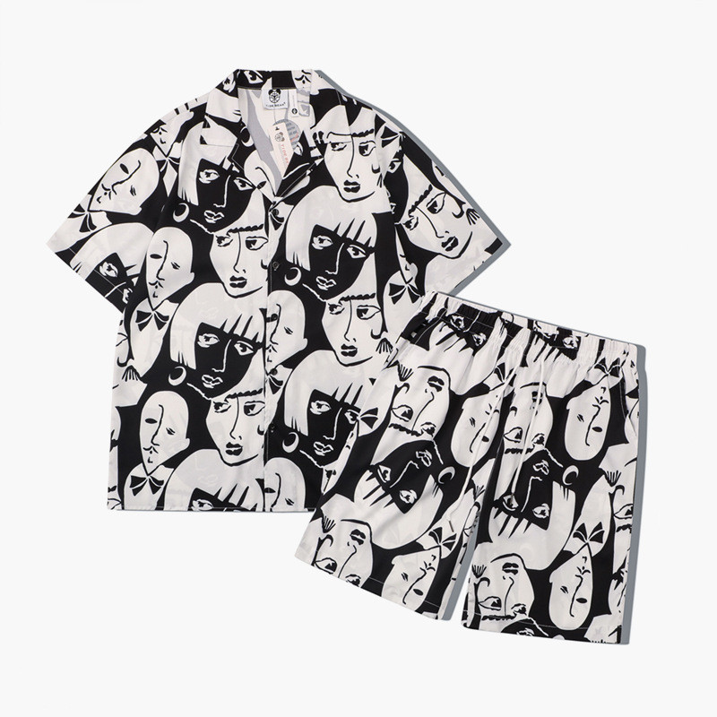 [Novo produto] Marca de rua masculina Casual jovem preto branco Avatar impressão Digital lapela solta conjunto de camisa