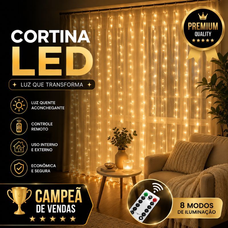 Cortina Cascata 300 LEDs 3x3m com Controle 8 Modos Timer USB Luz para Festa Natal