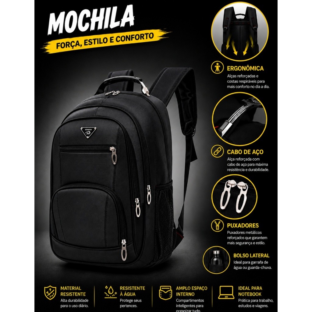Mochila Masculina Notebook Executiva Resistente Faculdade Trabalho Viagem Impermeável Reforçada Escolar