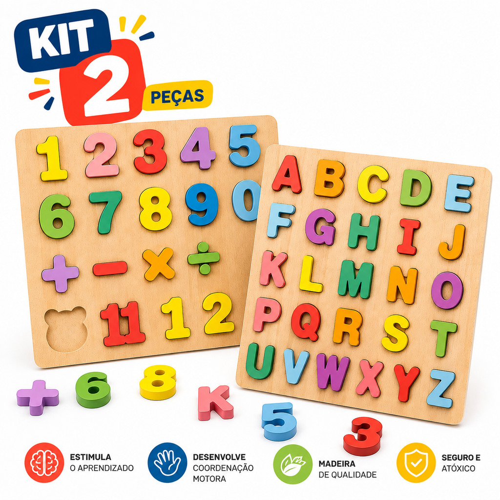 Kit 2 Quebra Cabeça Educativo Alfabeto Números e Formas Geométricas Brinquedo Montessori Madeira