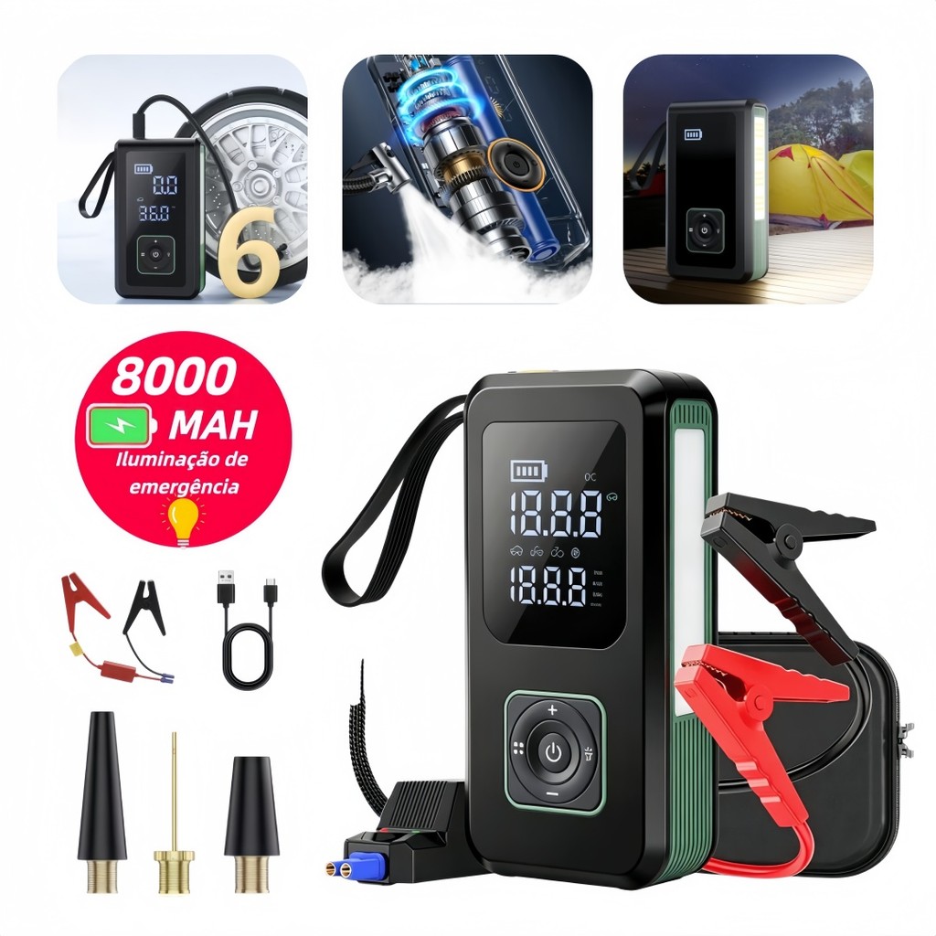 Bomba de Ar Portatil Compressor Inflator Multi-função 4 em 1 Auxiliar Partida Bateria Portátil Emergência