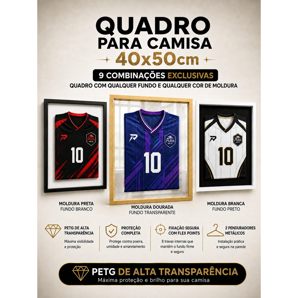 Quadro Decorativo P/ Camisa Dobrada de Futebol Basquete 40x50cm Moldura Decorativa Proteção  em PETG
