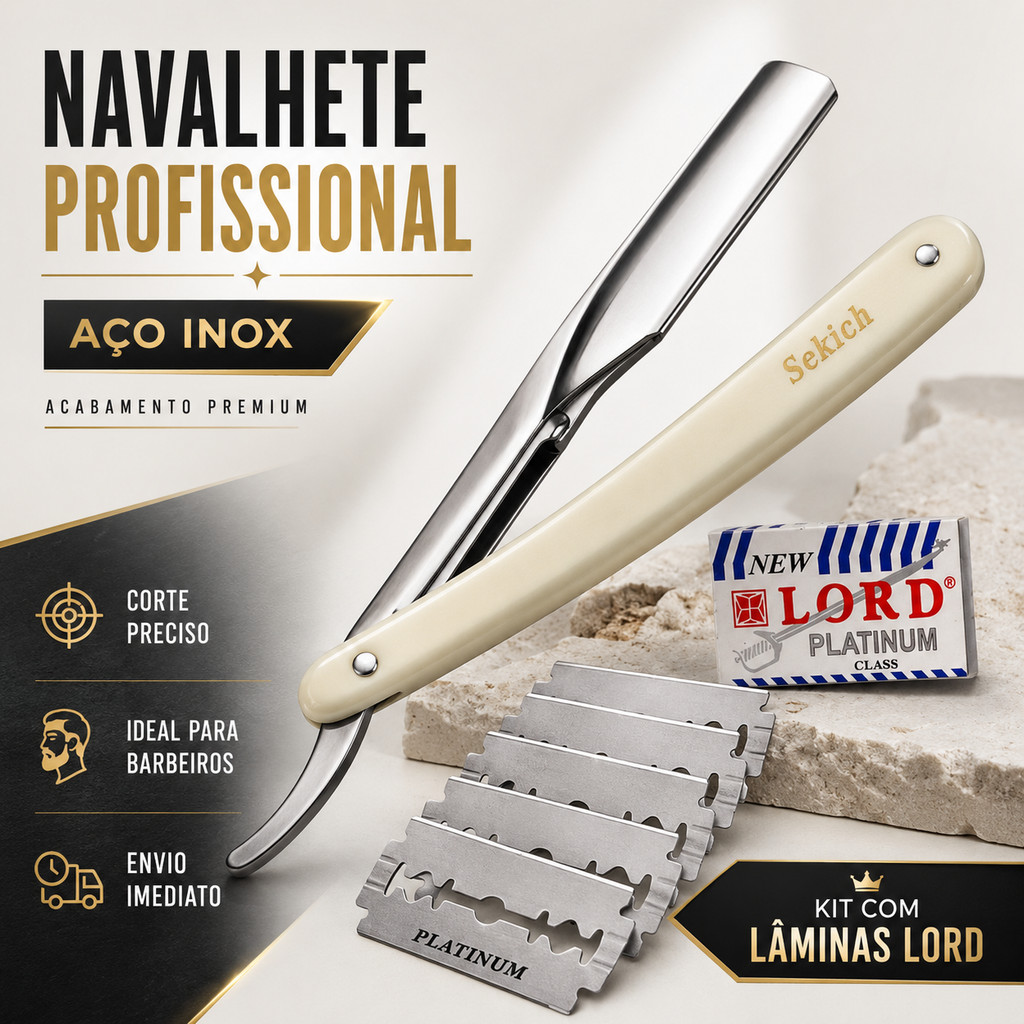 Kit Navalha Navalhete Profissional Barbeiro + 5 lâminas Aço Inox Acabamento Barba Platinum