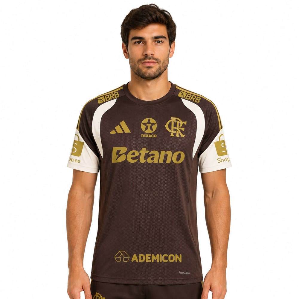 Camisa Flamengo Treino Comissão Adidas 2026 C/Patrocínio Marrom