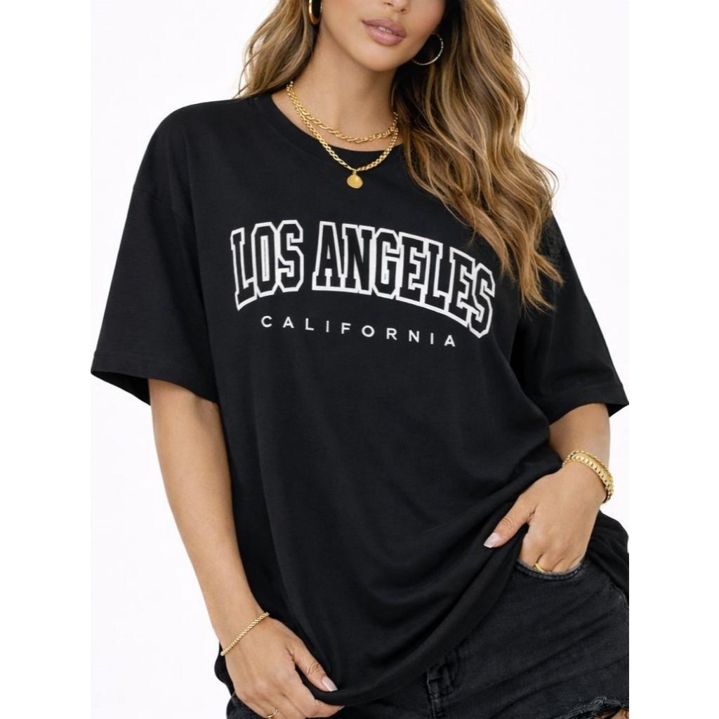 Camiseta Tradicional Feminina Masculino Los Angeles California Estilo de Rua Corte Reto Estampado