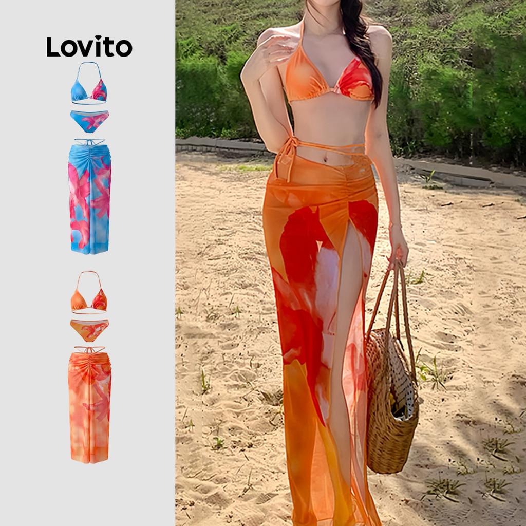 Lovito Conjunto De Biquíni Boho Coreano Pacote Com 3 Azuis Primavera/verão Para Mulheres LNE147221