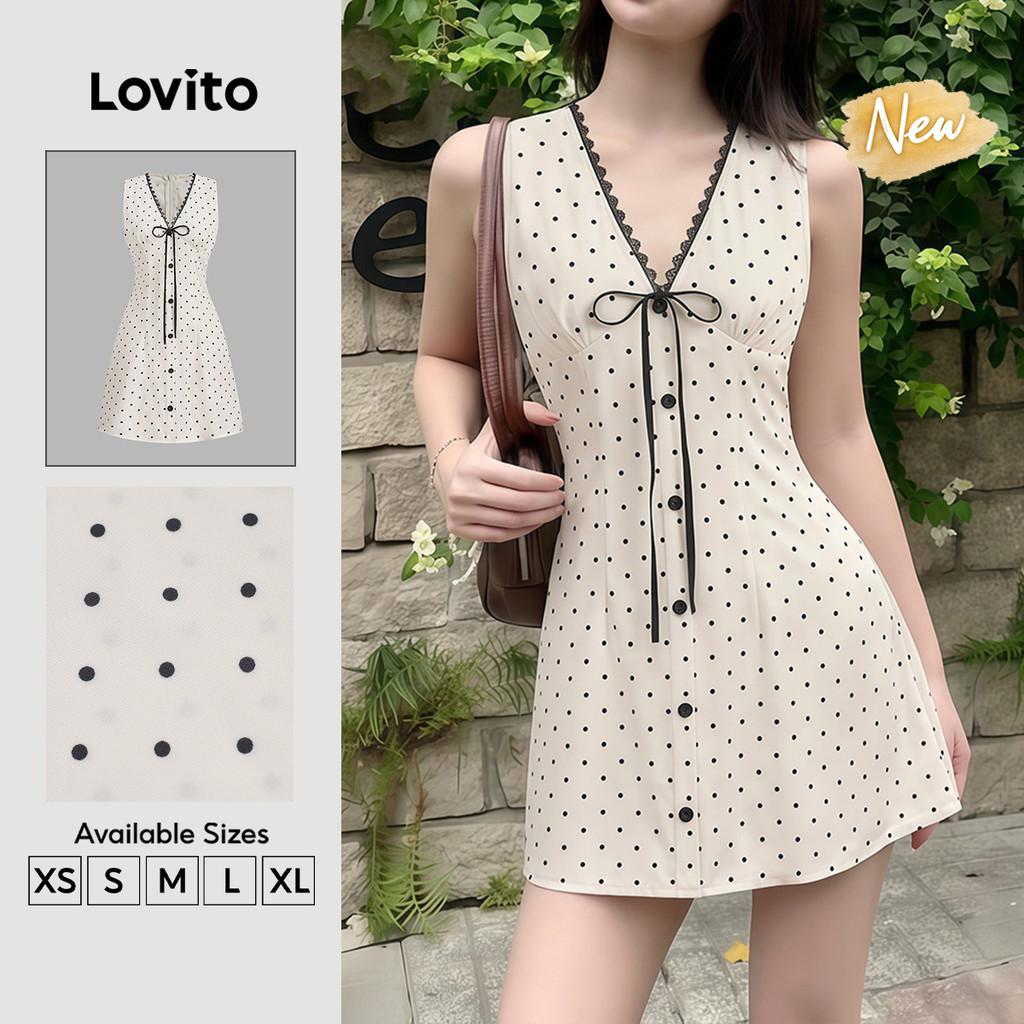 (New Arrival) Lovito Vestido Casual com Laço Frontal de Renda Estampa Preto e Branco Primavera/verão para mulheres DRB201P1D530
