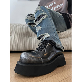 Sapatos de couro de dedo do pé redondo de sola grossa sapatos masculinos nicho Derby sapatos desgastados polidos rendas 