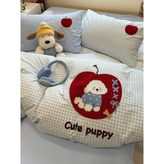 Desenhos animados cão maçã algodão conjunto de quatro peças puro algodão inverno engrossado escovado cama Nantong lençol