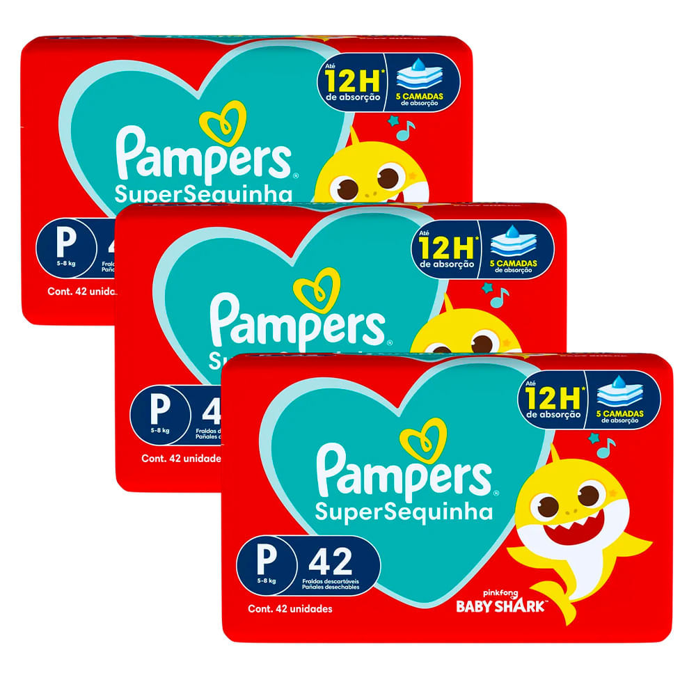 Kit 3 Fraldas Descartáveis Pampers Supersequinha Mega P - 126 Tiras