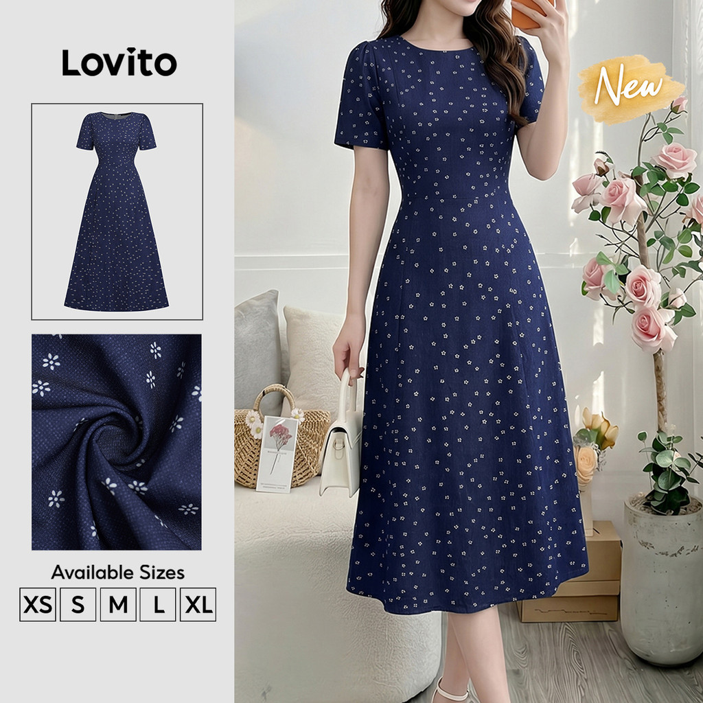 (New Arrival) Lovito Vestido Caqui Feminino Elegante Floral Estruturado Para Trabalho Primavera Verão DRB202P2D596