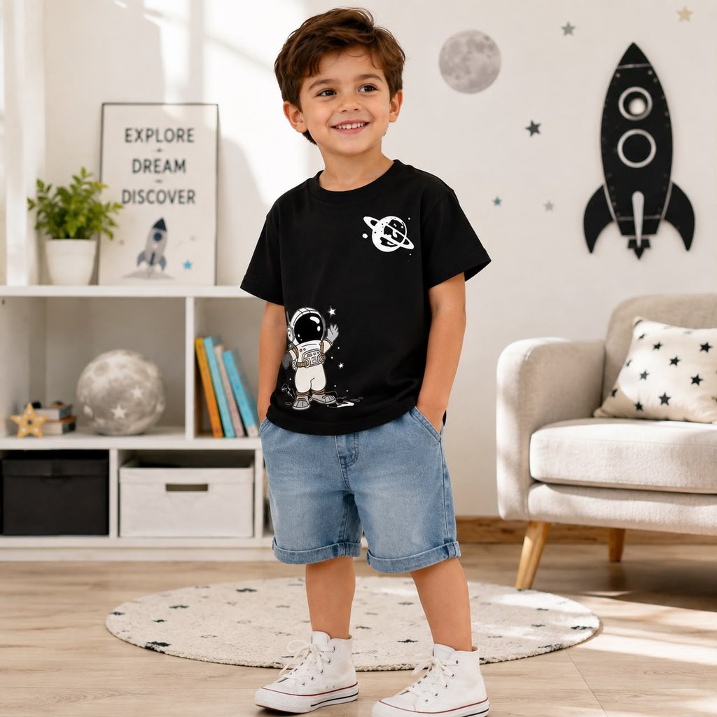 Camiseta Infantil Masculina Astronauta Planeta Estampa Espacial Algodão Confortável