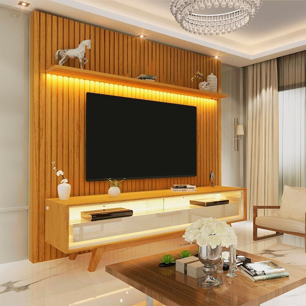 Rack com Painel Ripado para TV até 75 Polegadas 100% MDF com LED 184CMX308CM Nobre Marrom Naturale