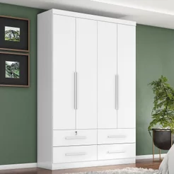Guarda Roupa Solteiro Maximus Plus 4 Portas de Bater 4 Gavetas Branco/Absoluto Branco Absoluto