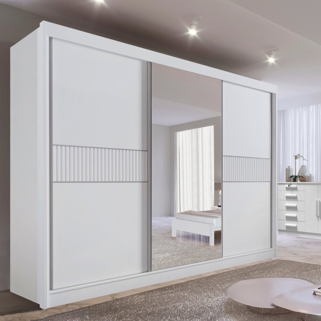 Guarda-Roupa Casal MDF com Espelho 3 Portas 6 Gavetas Miami Ripado Branco Branco