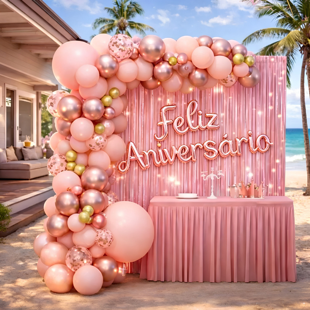 Kit Festa Aniversário 117 Peças Feliz Aniversário Balões Cortina Metalizada Decoração Completa