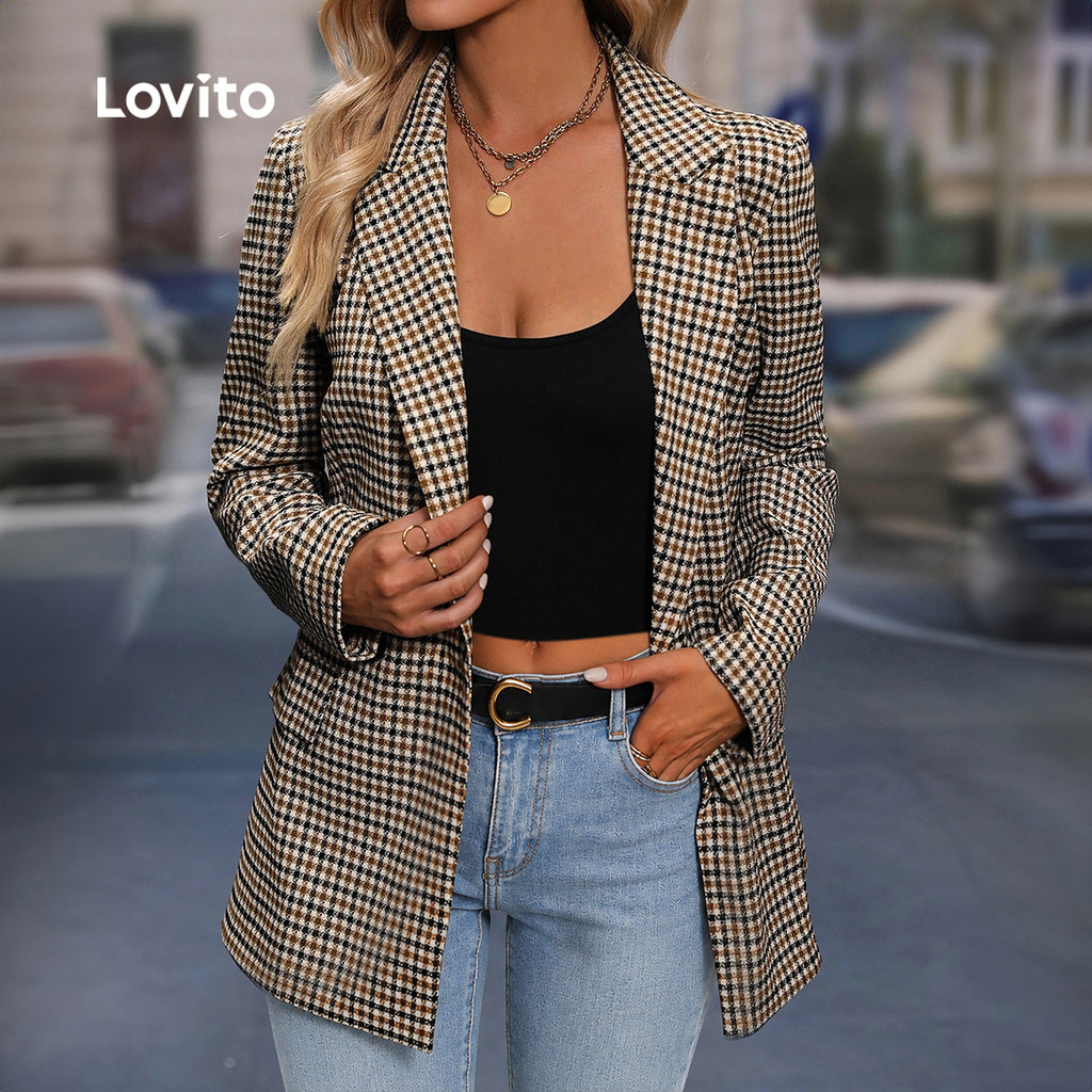 (New Arrival) Lovito Blazer Feminino Xadrez Elegante De Manga Longa Com Lapela E Botões Para Trabalho Fim De Semana Caqui BZK9BR178 · foto 2
