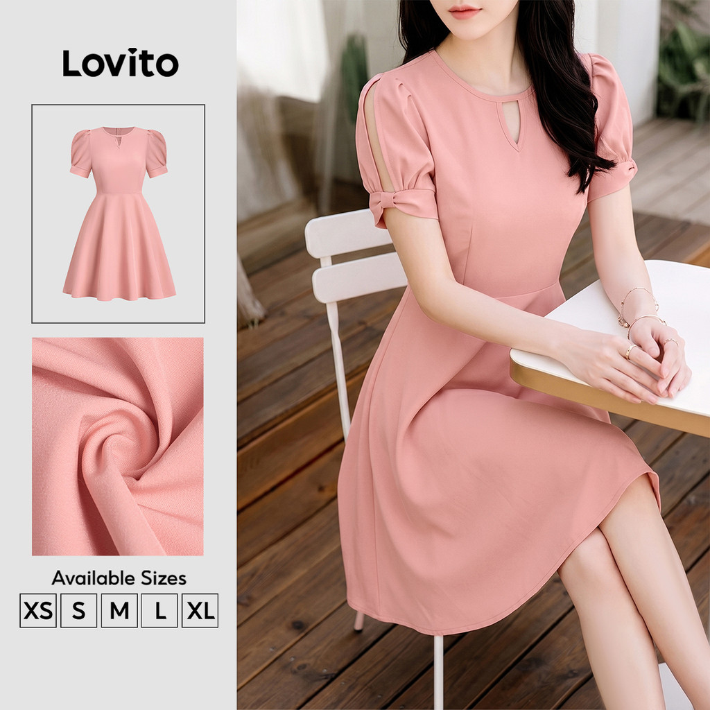 (New Arrival) Lovito Vestido Feminino Rosa Curto Linha a Com Nó E Drapeado Para Primavera E Verão Weekend DRB201P1D156