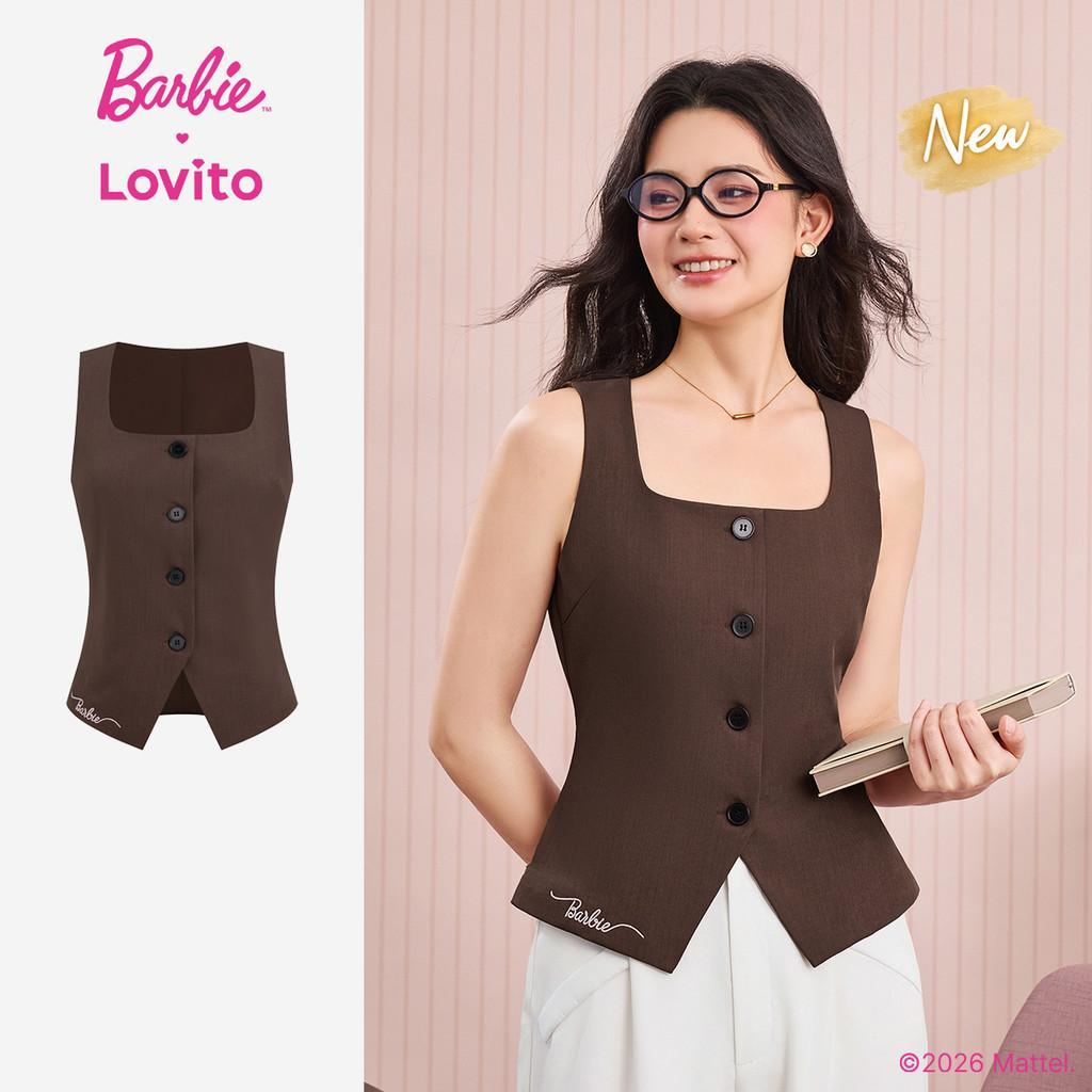 (New Arrival) Barbie™ X Lovito Blusa Elegante Com Botões Bordado E Lazer Marrom Primavera/verão Para Mulheres TKBL6PAD009