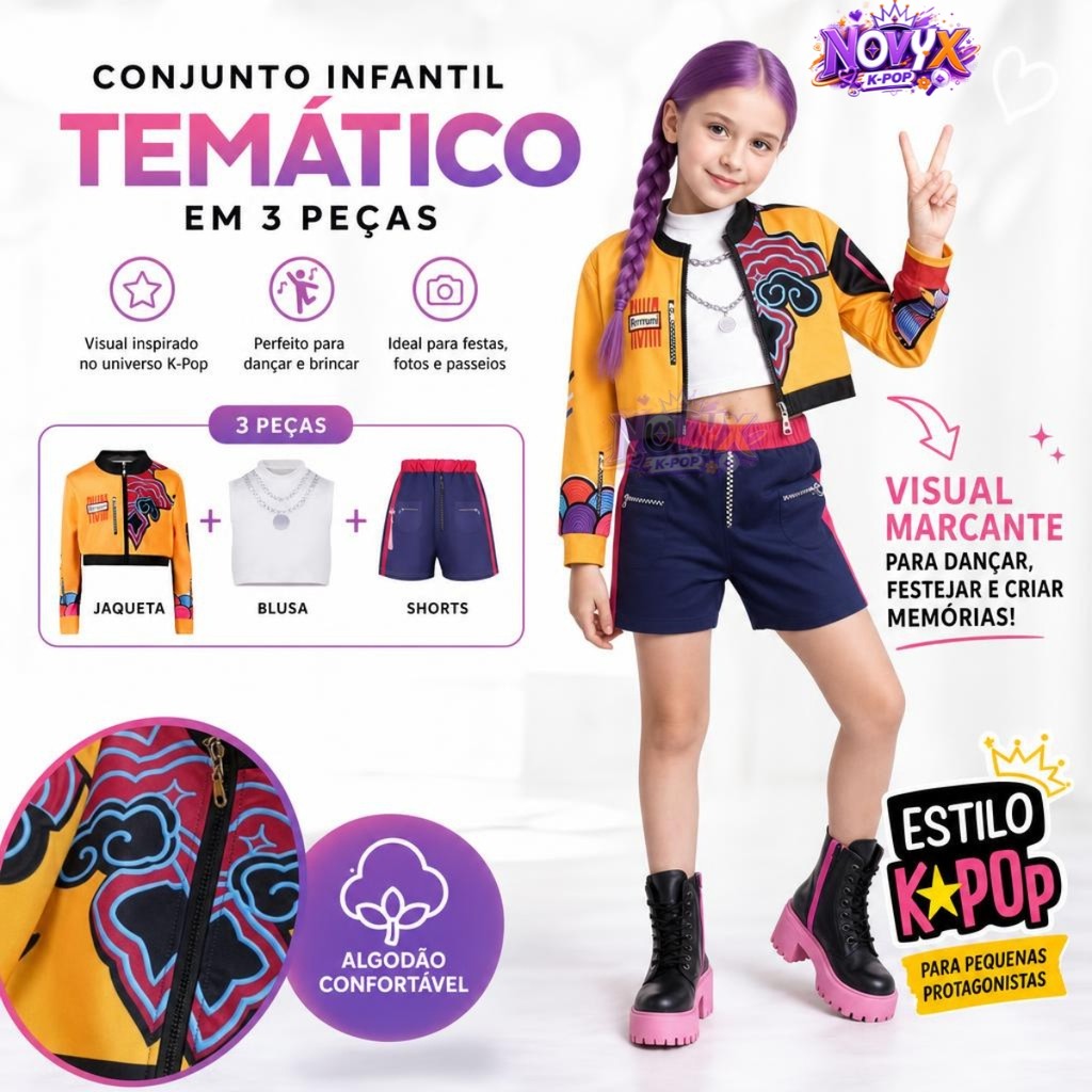 Fantasia Guerreira KPOP Infantil Rumi Guerreira K-POP Luxo Dança Show Carnaval Dia Das Crianças