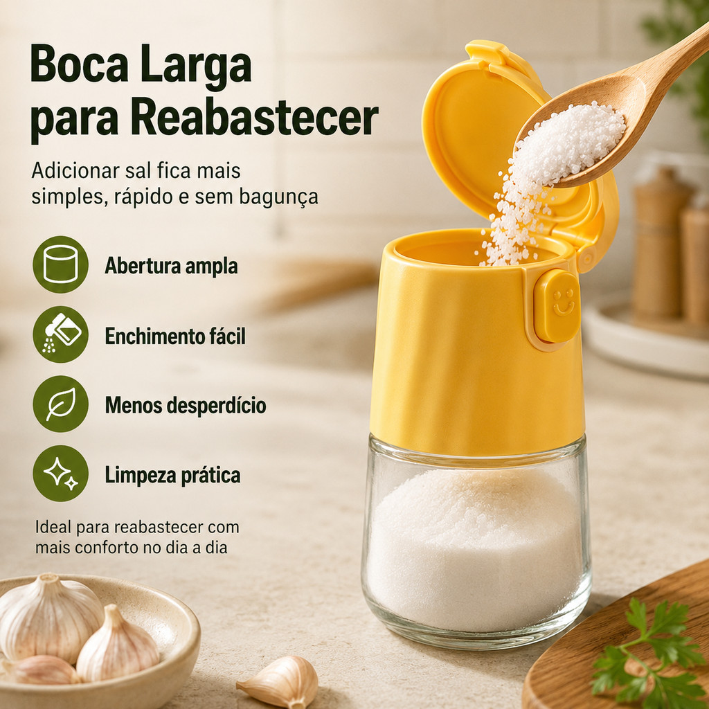 Saleiro de Vidro com Dosador de Sal Pressão com Um Botão Vedação Hermética para Uso Diário na Cozinha