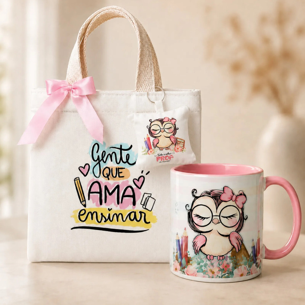 Kit Presente Professor(a) Caneca Porcelana Mini Bag Chaveiro