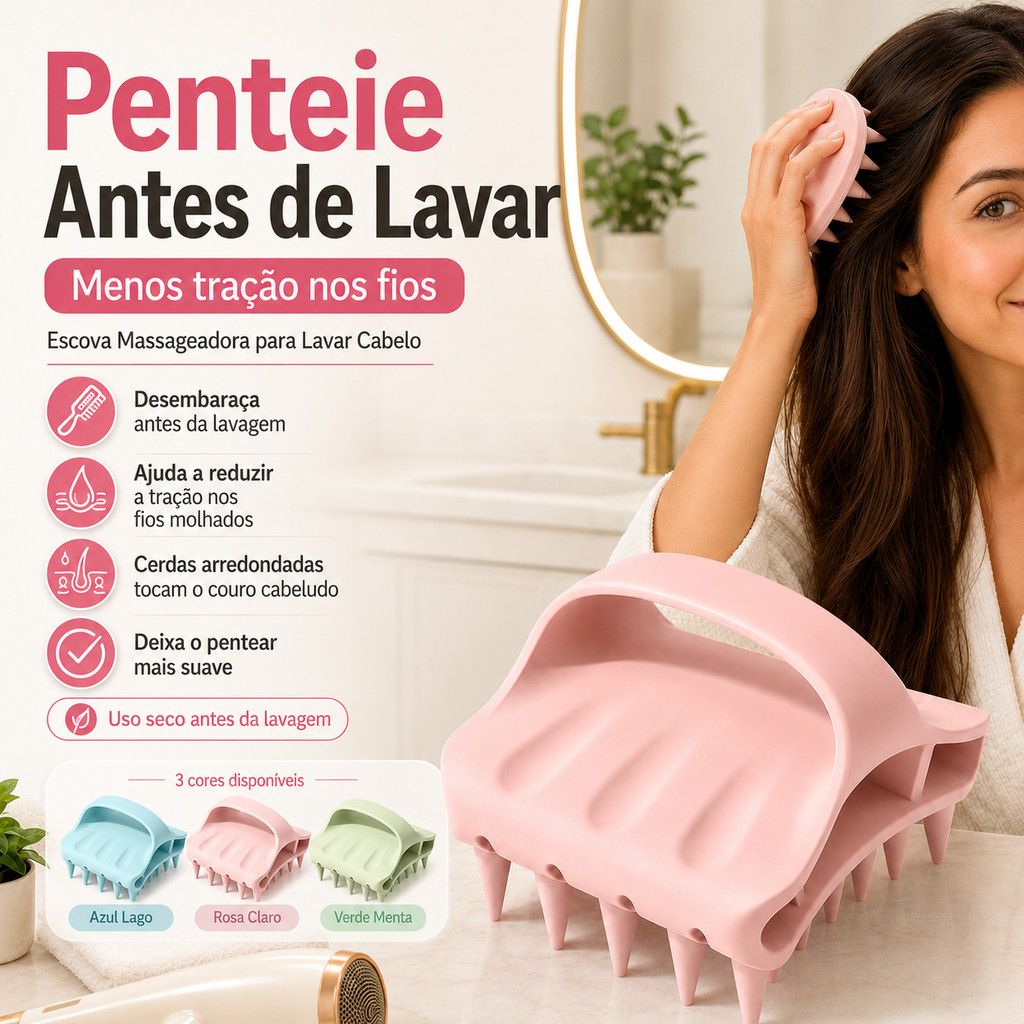 Escova Massageadora de Couro Cabeludo Antideslizante Alivia Coceira Diminui a Quebra para Lavar os Cabelos em Casa