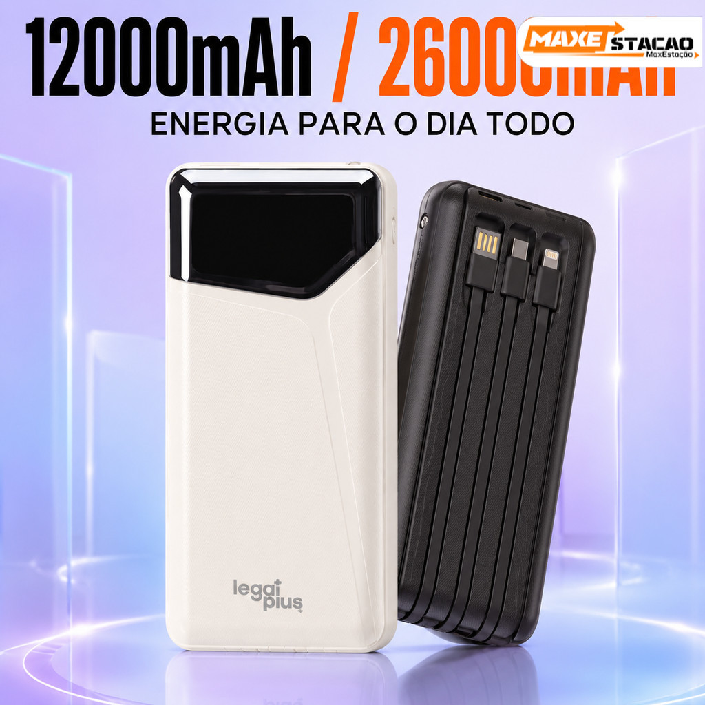 Carregador Portátil Power Bank 12000/26000mAh 3 Cabos Tela LED Tipo C Lightning Alta Capacidade