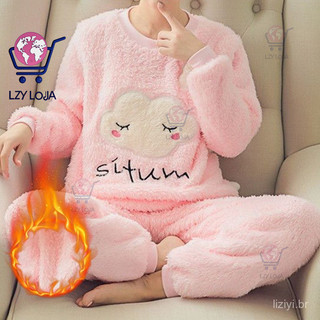 Pijamas Estampados com Padrão de Flanela, Conjunto de Veludo Fofo para Mulheres Dormirem em Casa, Roupas de Outono ASKQ