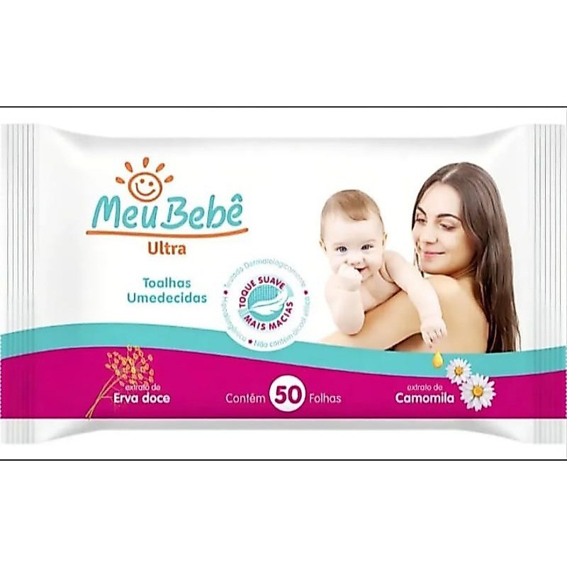 Toalhas Umedecidas Meu Bebê Ultra Kit com 1 Pacote 50 Folhas Camomila e Erva-Doce