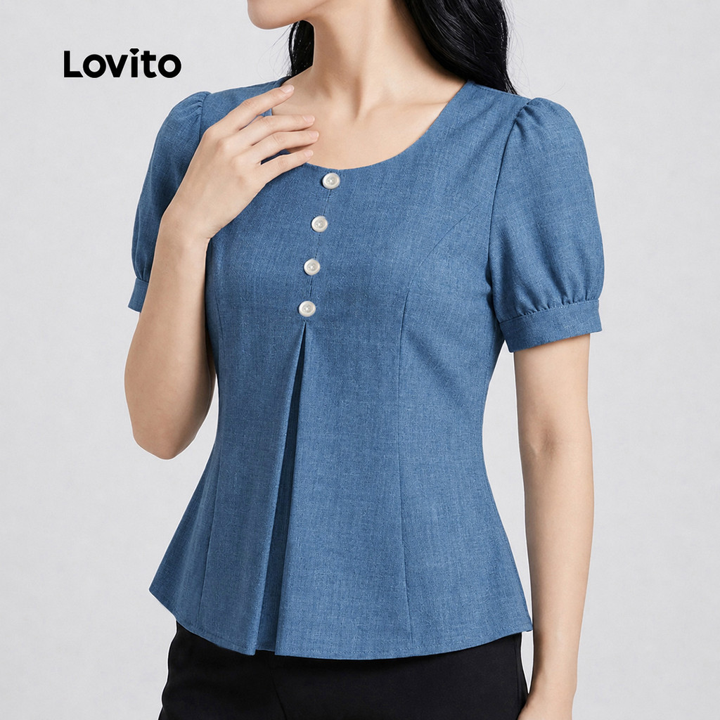 Lovito Elegante Blusa Pérolas Plissada Cinzaazul Primavera/verão para mulheres BLK9P1D168 · foto 2