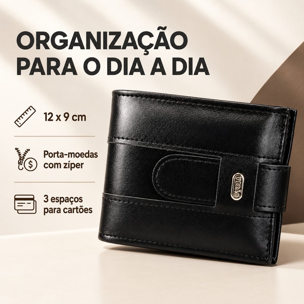 Carteira Masculina Grande com Porta Cartão Cabe RG CNH Bolso de Ziper Para Moeda e Plástico para Documentos