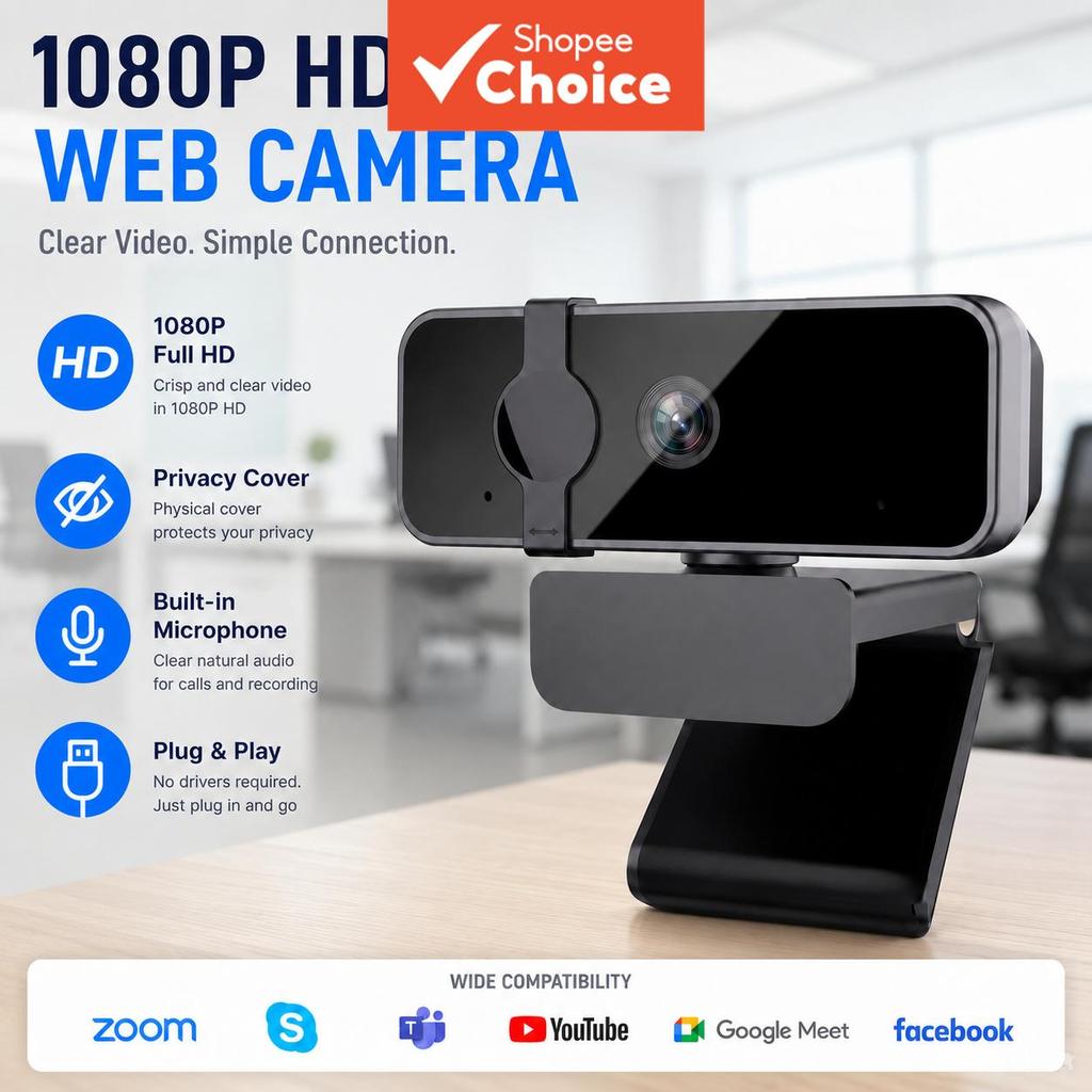 Câmera Web JCL 1080p para PC e notebook, webcam USB plug-and-play com microfone embutido e tampa de privacidade, para