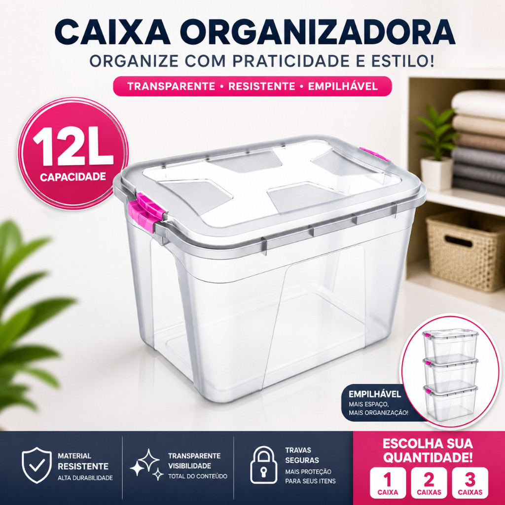 Caixa Organizadora 12L Transparente Com Tampa e Travas Caixa Container